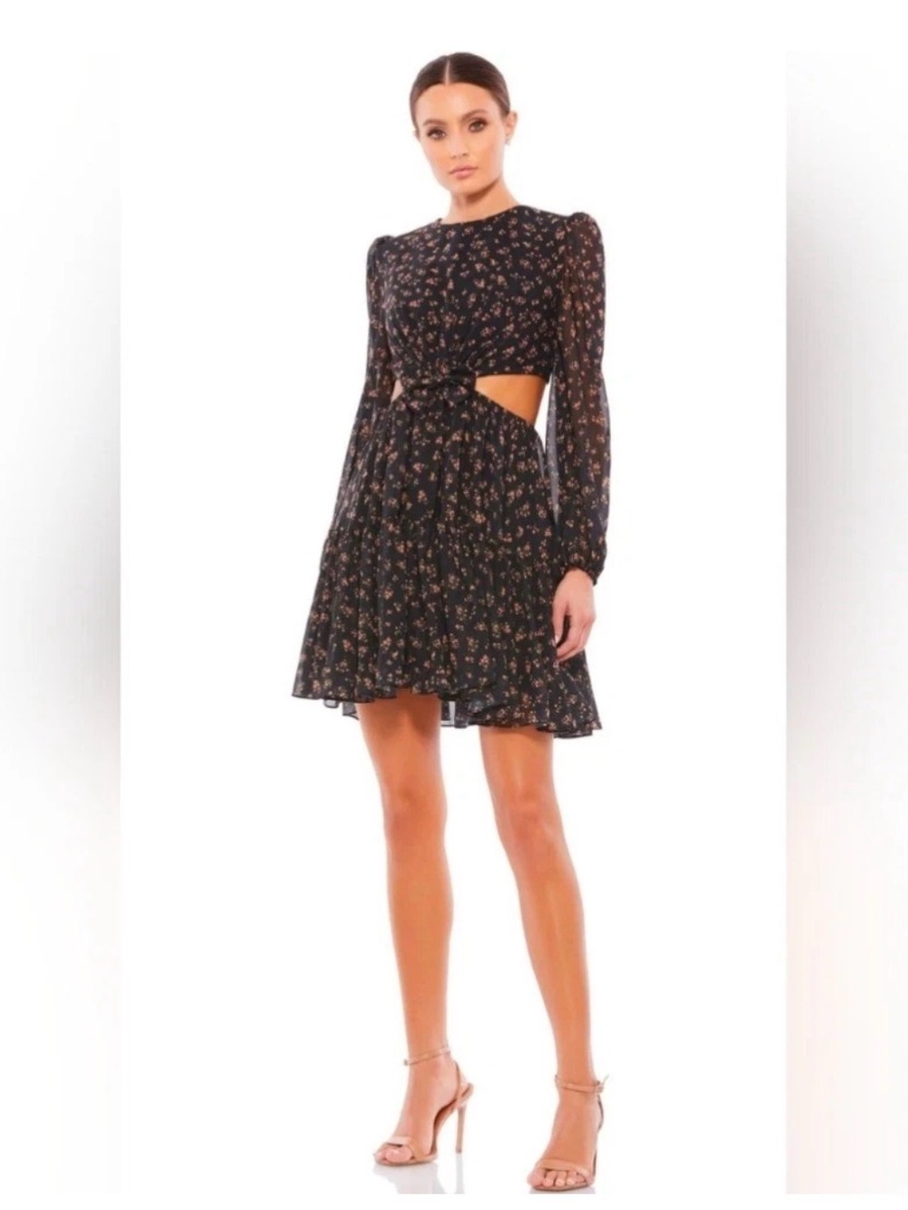 Women's Black Floral Cutout Long-Sleeve Mini Dress